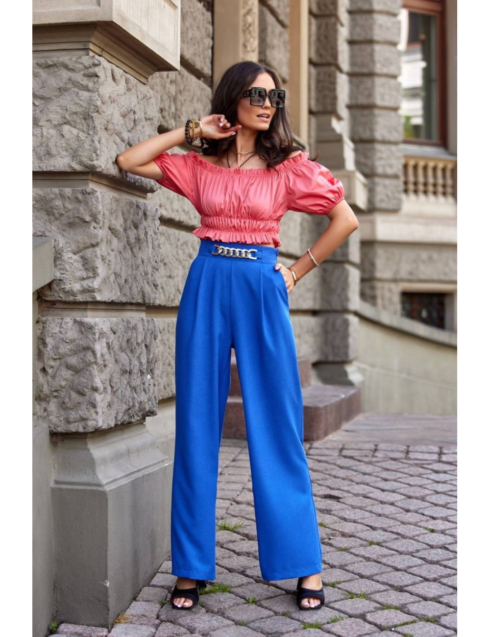 Pantalon taille haute avec poches BLEU 